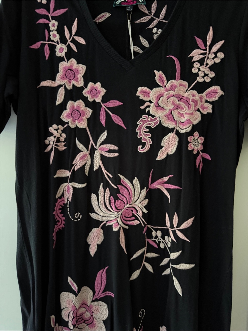 Johnny Was Black Midi Dress with Pink Floral Embroidery - Picture 3 of 5